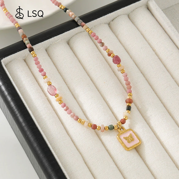 Wholesale Handmade Beaded Necklace With Red Stripe Stone And Butterfly Pendant In Retro Style For Women