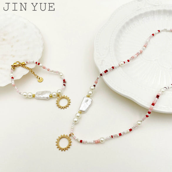 Wholesale Handmade Beaded Titanium Steel Necklace And Bracelet Set For Women With Stars Sun Moon Clouds Universe Pattern And Electroplating Treatment