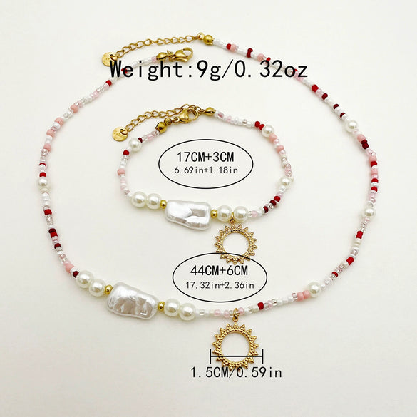 Wholesale Handmade Beaded Titanium Steel Necklace And Bracelet Set For Women With Stars Sun Moon Clouds Universe Pattern And Electroplating Treatment