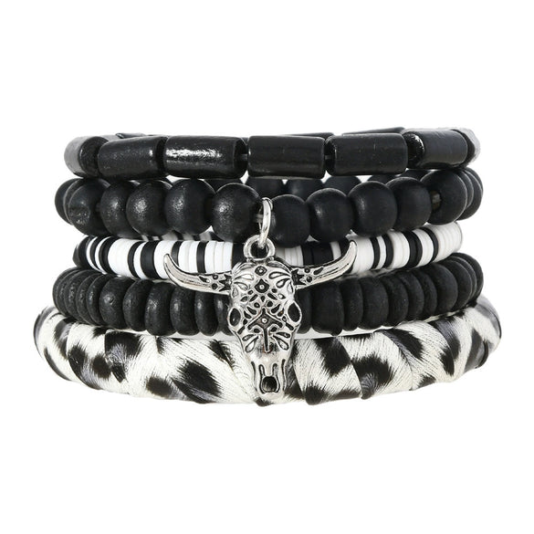 Wholesale Handmade Bohemian Style Geometric Wood Beaded Bull Head Palm Elastic Rope Bracelet Fivepiece Set Unisex