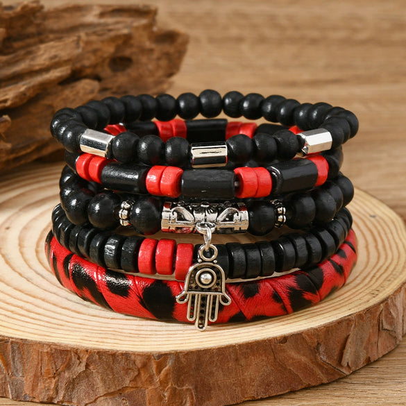 Wholesale Handmade Bohemian Style Geometric Wood Beaded Bull Head Palm Elastic Rope Bracelet Fivepiece Set Unisex