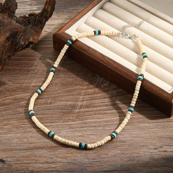 Wholesale Handmade Coconut Shell And Green Aventurine Geometric Pattern Unisex Necklace
