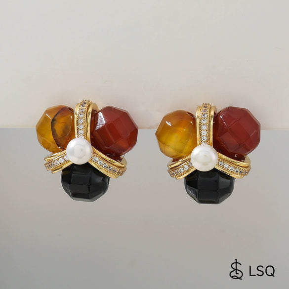 Wholesale Handmade Copper Flower Pattern Natural Stone Inlaid Zircon Palace Style Women's Earrings