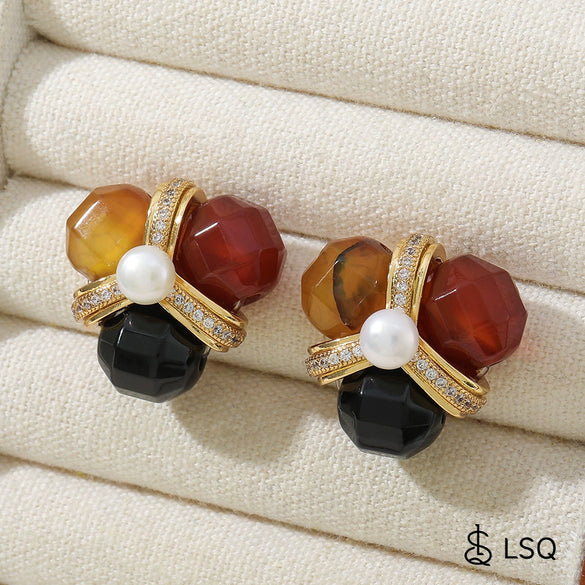 Wholesale Handmade Copper Flower Pattern Natural Stone Inlaid Zircon Palace Style Women's Earrings