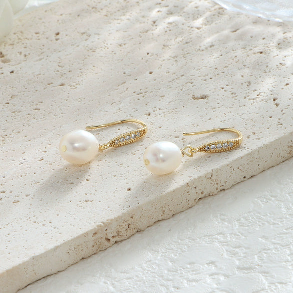 Wholesale Handmade Copper Freshwater Pearl Ear Hook Earrings With Diamonds Natural Style