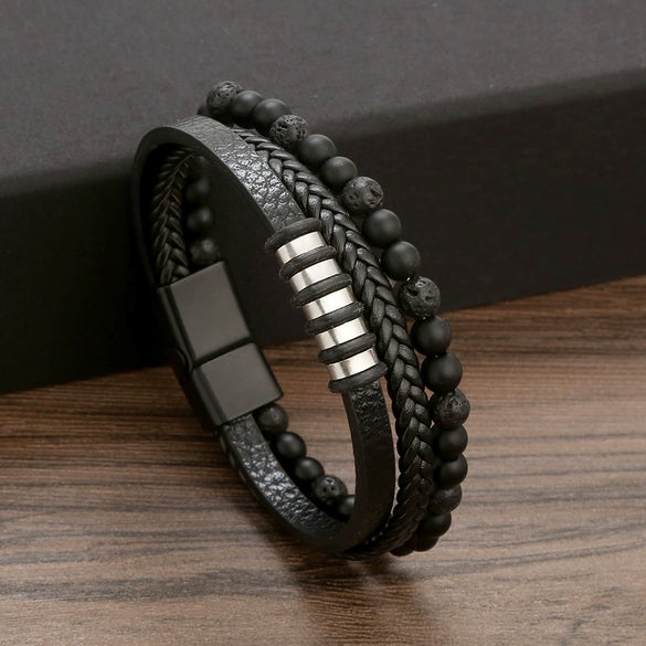 Wholesale Handmade Cowhide Braided Stainless Steel Geometric Bracelets For Men