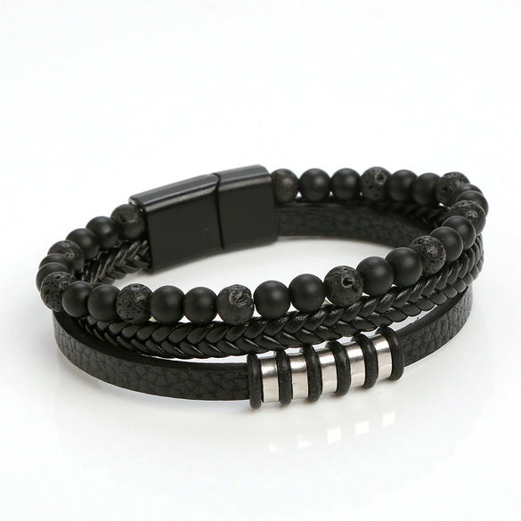 Wholesale Handmade Cowhide Braided Stainless Steel Geometric Bracelets For Men