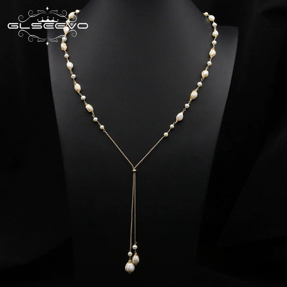 Wholesale Handmade Drop Shape Retro Pearl Long Necklace For Women With Metal And Water Wave Chain
