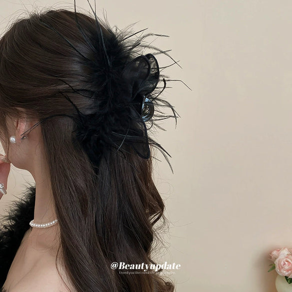 Wholesale Handmade Feather Mesh Rabbit Ear Hair Shark Clip Women's Hair Accessories Versatile Style