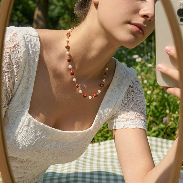 Wholesale Handmade Fruit Pattern Alloy Pendant Rice Beads Combination Chain Necklace For Women