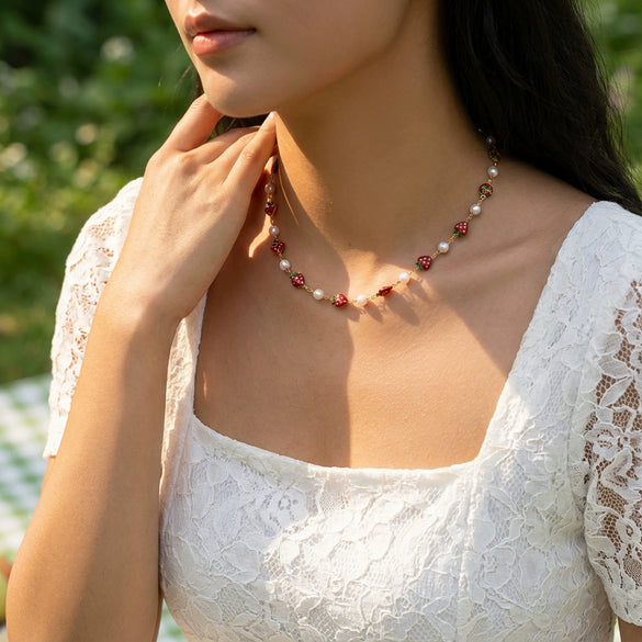 Wholesale Handmade Fruit Pattern Alloy Pendant Rice Beads Combination Chain Necklace For Women