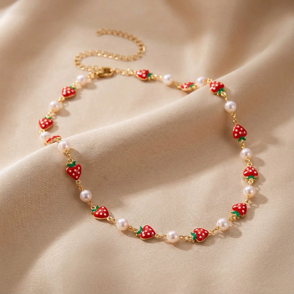 Wholesale Handmade Fruit Pattern Alloy Pendant Rice Beads Combination Chain Necklace For Women