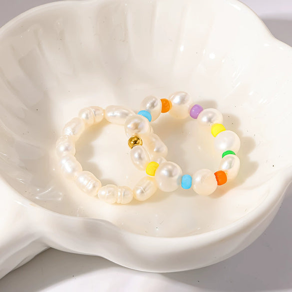 Wholesale Handmade Geometric Freshwater Pearl Acrylic Stainless Steel Stackable Rings For Women