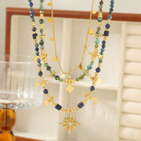 Wholesale Handmade Geometric Lapis Lazuli And Copper Pendant Clavicle Necklace For Women Bohemian Style