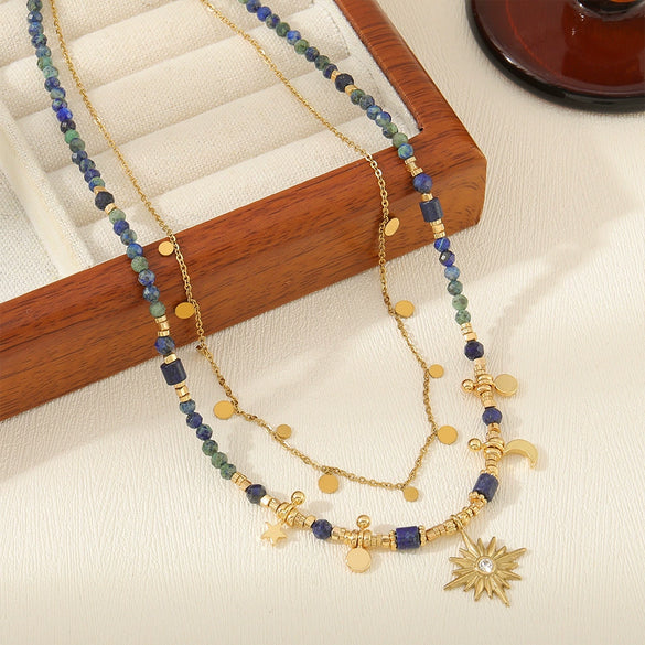 Wholesale Handmade Geometric Lapis Lazuli And Copper Pendant Clavicle Necklace For Women Bohemian Style