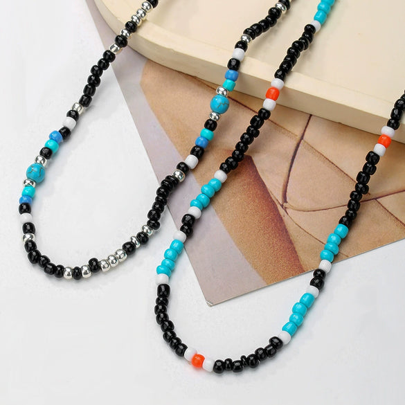 Wholesale Handmade Geometric Rice Bead And Pine Stone Stainless Steel O Shaped Chain Necklace For Men And Women