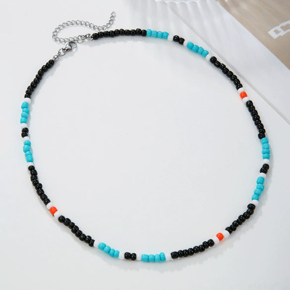 Wholesale Handmade Geometric Rice Bead And Pine Stone Stainless Steel O Shaped Chain Necklace For Men And Women