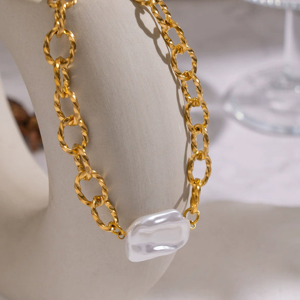 Wholesale Handmade Geometric Stainless Steel 18K Real Gold Plated Baroque Pearl Necklace For Women