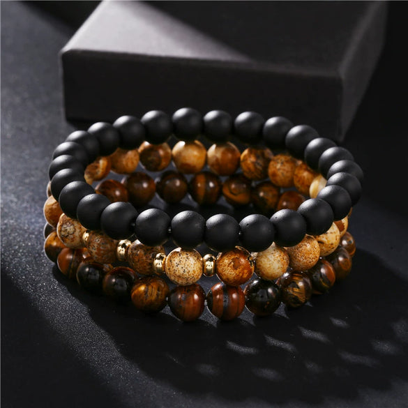 Wholesale Handmade Geometric Tiger Eye Stone And Black Gallstone Beaded Elastic Bracelet For Unisex
