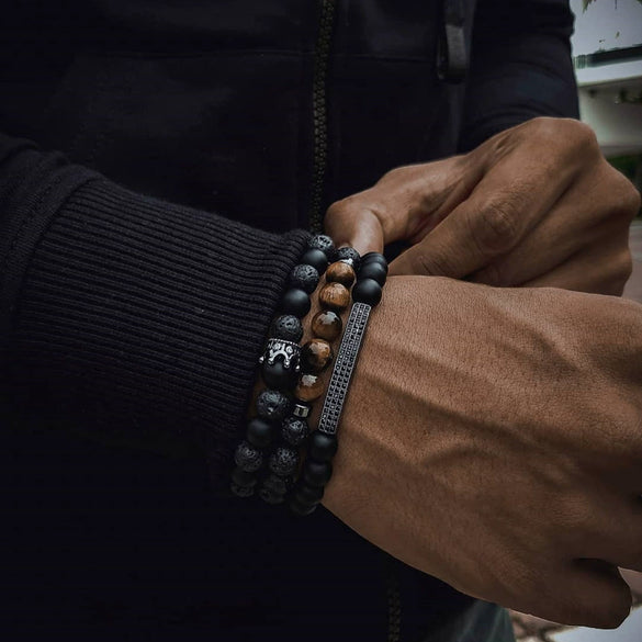 Wholesale Handmade Geometric Tiger Eye Stone And Black Gallstone Beaded Elastic Bracelet For Unisex