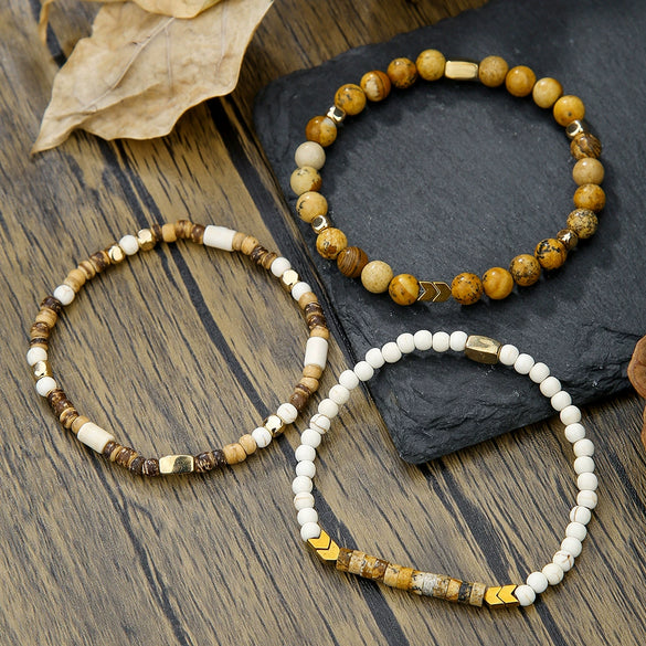 Wholesale Handmade Geometric Tiger Eye Stone And Black Gallstone Beaded Elastic Bracelet For Unisex