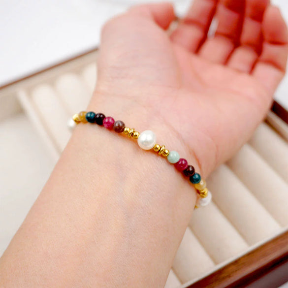 Wholesale Handmade Geometric Tourmaline Freshwater Pearl Titanium Steel Bracelet For Women