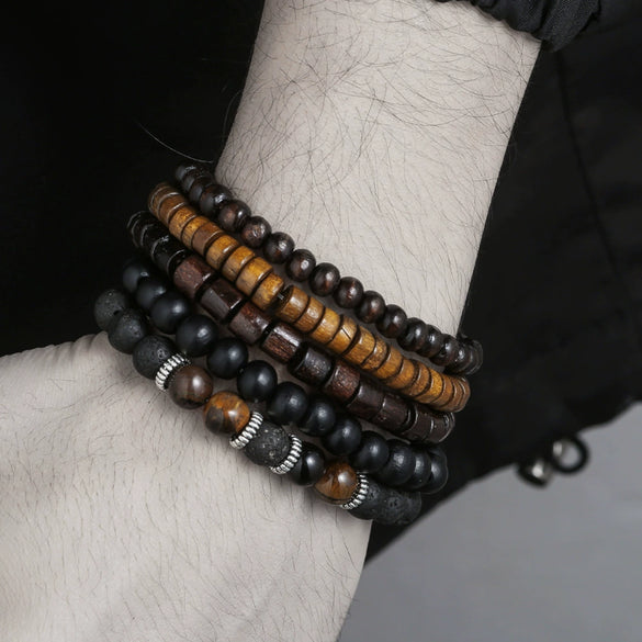 Wholesale Handmade Geometric Wood Coconut Shell Chip Multilayer Stacked Bracelet Set Unisex
