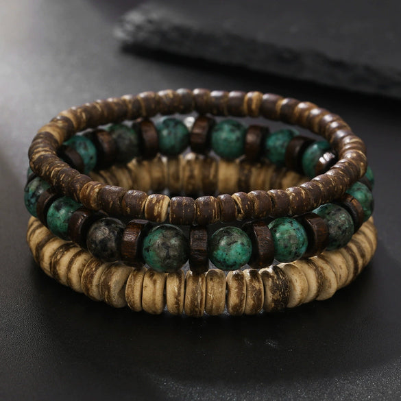 Wholesale Handmade Geometric Wood Coconut Shell Chip Multilayer Stacked Bracelet Set Unisex