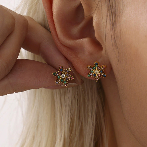 Wholesale Handmade Inlaid Snowflake Zircon Geometric Stainless Steel Earrings With Pvd Plating And 18K Gold For Women