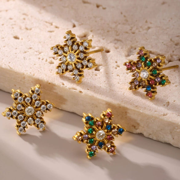 Wholesale Handmade Inlaid Snowflake Zircon Geometric Stainless Steel Earrings With Pvd Plating And 18K Gold For Women