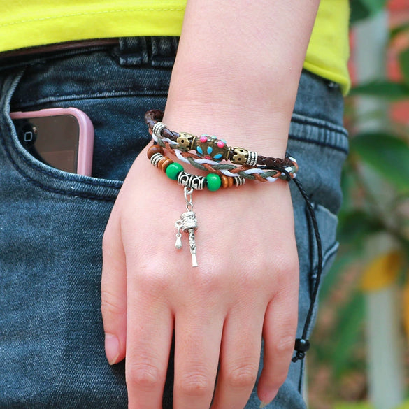 Wholesale Handmade Leather Rope Woven Bracelet Jewelry Geometric Rivets Unisex