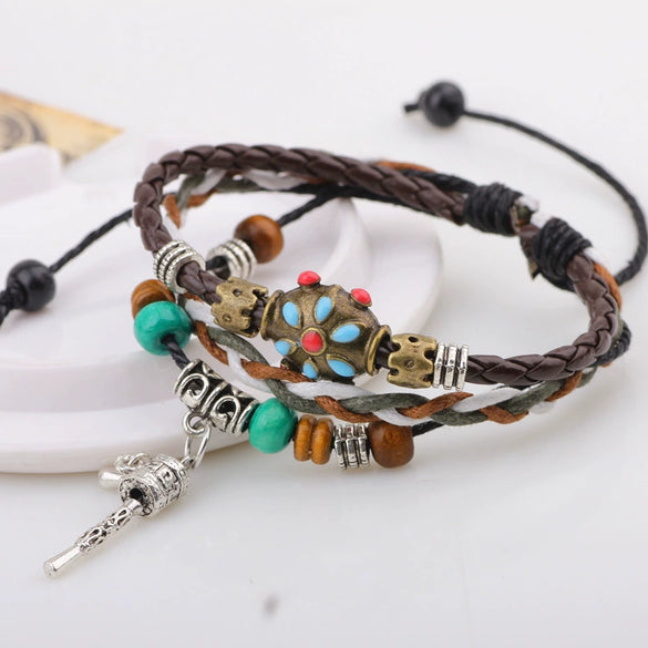 Wholesale Handmade Leather Rope Woven Bracelet Jewelry Geometric Rivets Unisex