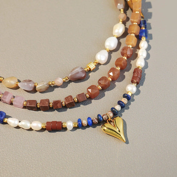 Wholesale Handmade Light Luxury Natural Tiger Eye And Freshwater Pearl Beaded Love Heart Pendant Necklace For Women