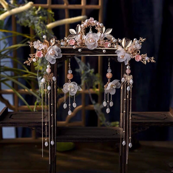 Wholesale Handmade Metal Flower Hair Crown For Women In Palace Style With Small White Crystals In Independent Packaging Set For Ancient Costume And Hanfu