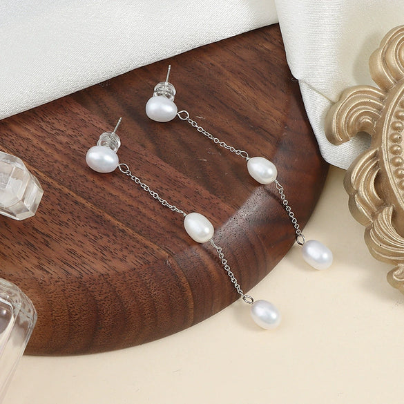 Wholesale Handmade Natural Freshwater Pearl Earrings With Tassel Minimalist Style For Women Nearly Round And Rice Shape Droplet Shape