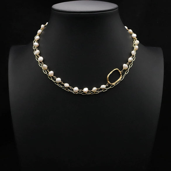 Wholesale Handmade Natural Freshwater Pearl Jewelry Retro Geometric Style Necklace Clavicle Chain Bracelet Electroplated