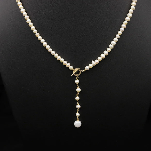 Wholesale Handmade Natural Pearl Sweater Chain With Long Pendant Retro Geometric Style Nonfading Electroplated Jewelry For Women