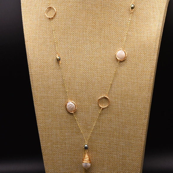 Wholesale Handmade Natural Pearl Sweater Chain With Long Pendant Retro Geometric Style Nonfading Electroplated Jewelry For Women