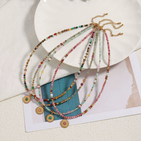 Wholesale Handmade Natural Stone And Stainless Steel Geometric Retro Beaded Necklace For Women