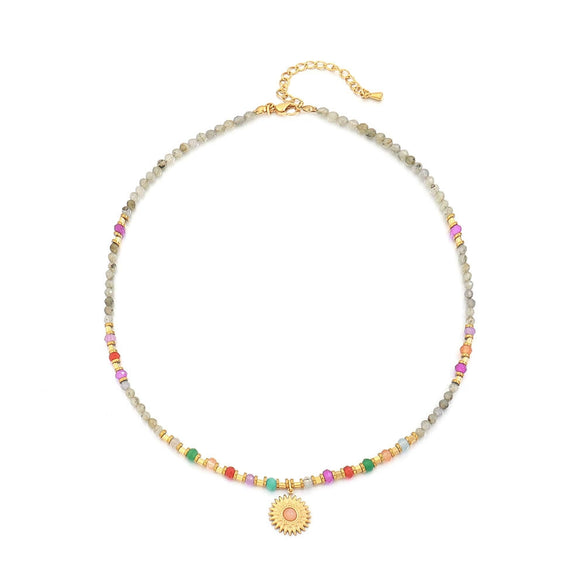 Wholesale Handmade Natural Stone And Stainless Steel Geometric Retro Beaded Necklace For Women