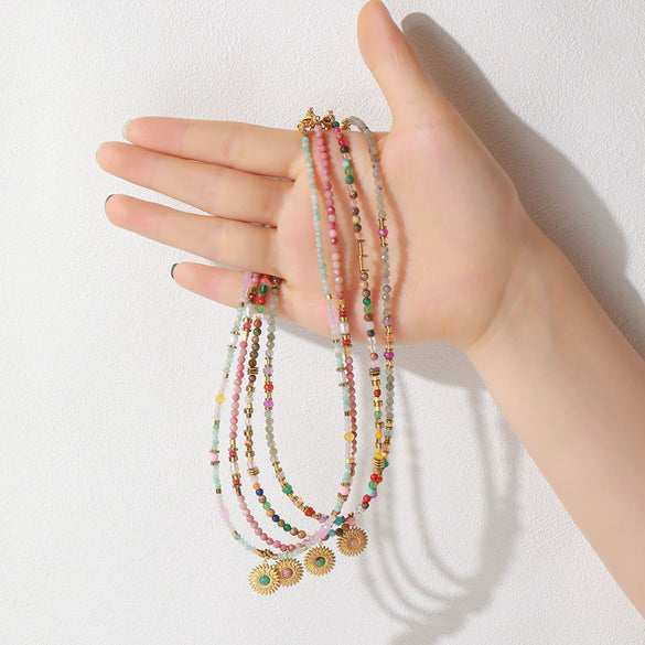 Wholesale Handmade Natural Stone And Stainless Steel Geometric Retro Beaded Necklace For Women