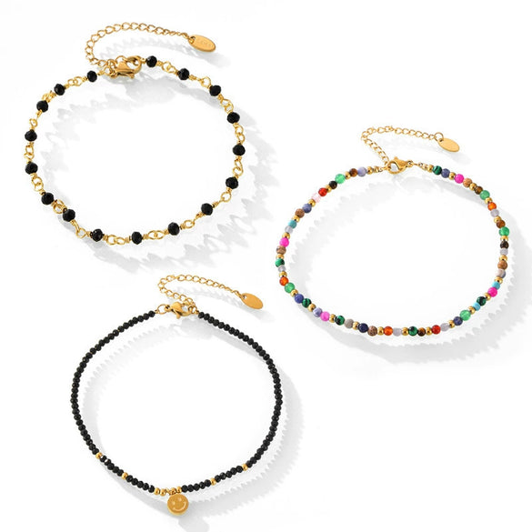Wholesale Handmade Natural Stone Beaded Anklet For Women Geometric Style Titanium Steel With 18K Gold Plated Finish