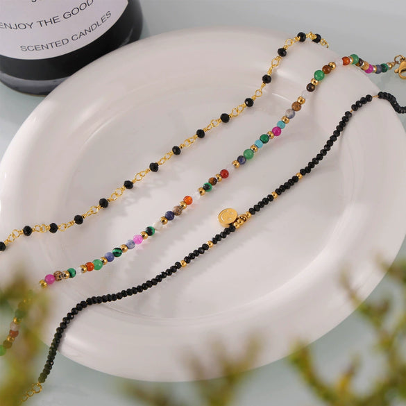 Wholesale Handmade Natural Stone Beaded Anklet For Women Geometric Style Titanium Steel With 18K Gold Plated Finish
