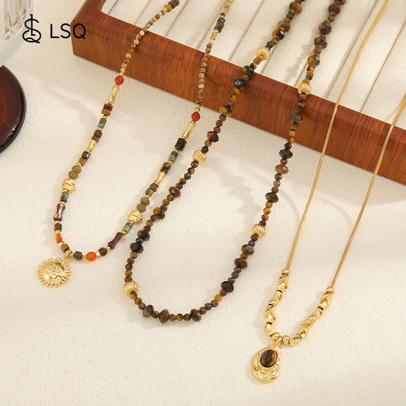 Wholesale Handmade Natural Stone Beaded Necklace Maillard Style Geometric Sun Pendant For Women
