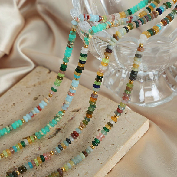 Wholesale Handmade Natural Stone Tiger Eye Stone Round Beads Mixed Beaded Necklace With Geometric Pattern For Girls Titanium Steel Material Electroplating Design