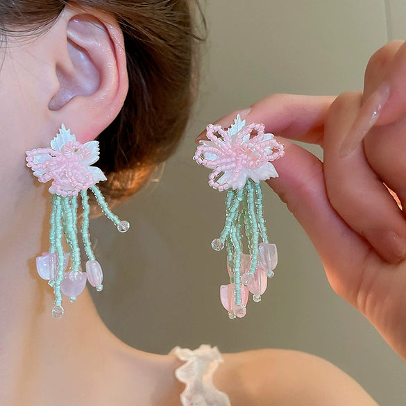 Wholesale Handmade Silver Needle Mesh Earrings With Forest Flower Design