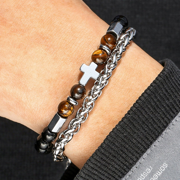 Wholesale Handmade Stainless Steel Bracelet With Black Onyx Tiger Eye Stone Black Gallstone Cross For Men