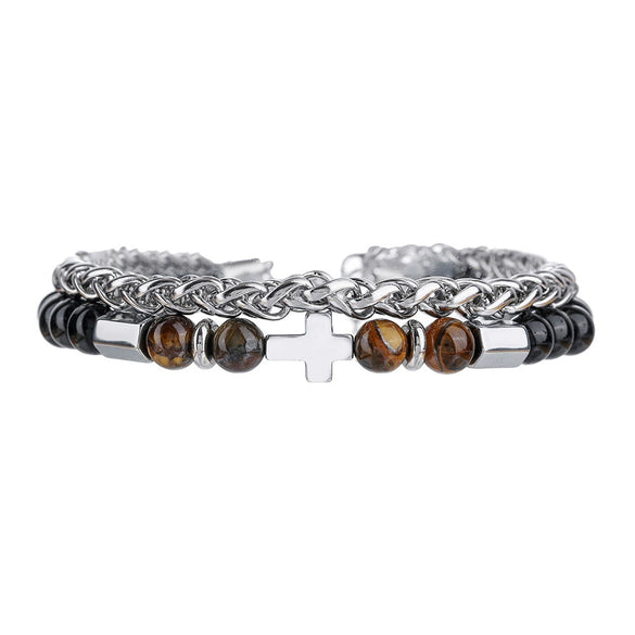 Wholesale Handmade Stainless Steel Bracelet With Black Onyx Tiger Eye Stone Black Gallstone Cross For Men