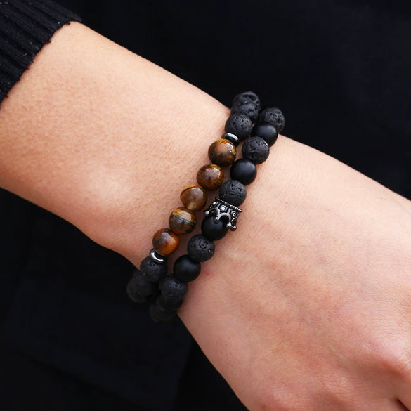 Wholesale Handmade Stainless Steel Bracelet With Black Onyx Tiger Eye Stone Black Gallstone Cross For Men