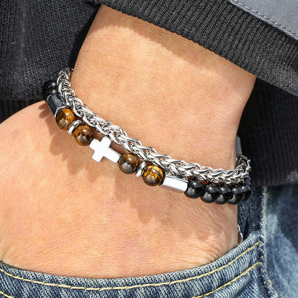 Wholesale Handmade Stainless Steel Bracelet With Black Onyx Tiger Eye Stone Black Gallstone Cross For Men